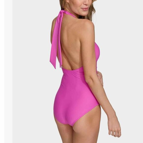 DKNY Triangle Halter One Piece Swimsuit Carnation Pink Size Large - Picture 3 of 10